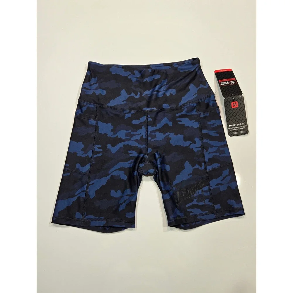 WWE Tapout Medium Blue Camo High Waist Pocket Bike Shorts Womens Activewear - Picture 1 of 8